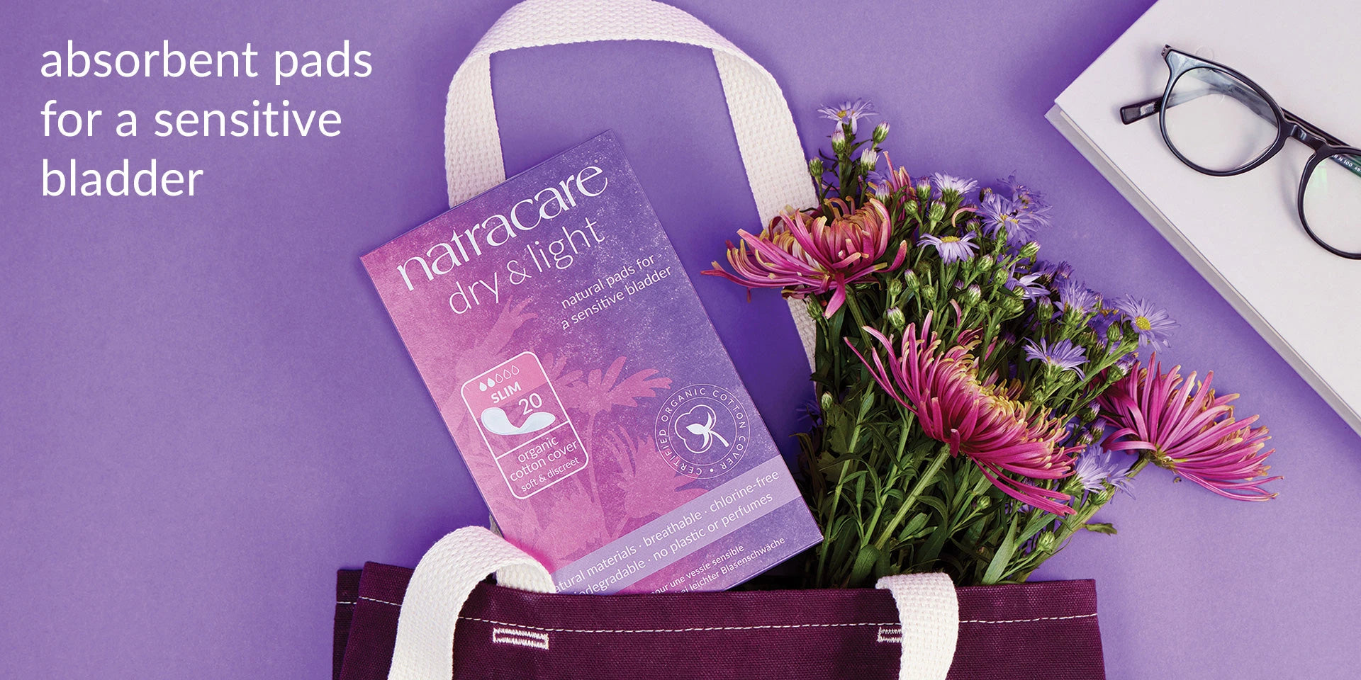 natracare dry & light pads pack with statement saying absorbent pads for a sensitive bladder